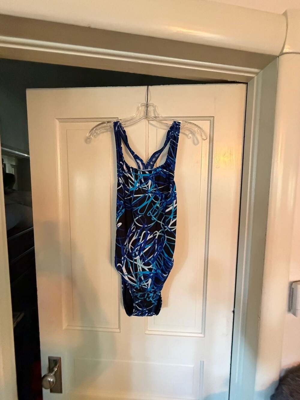 Speedo One-Piece Swimsuit Size 12/38 Blue Black Abstract Print